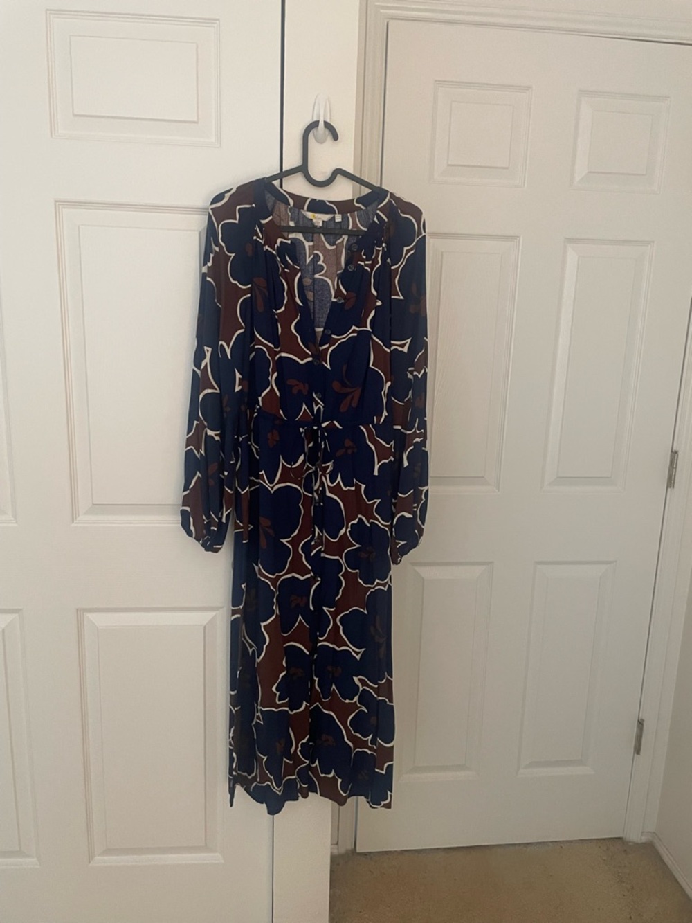 Boden Navy and Brown Floral Long-Sleeve Midi Dress